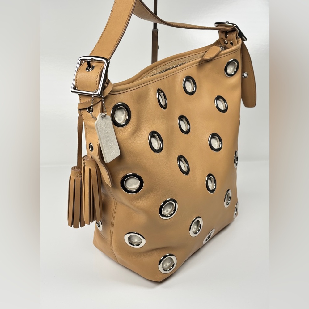 Coach Tan Leather Grommet Embellished Duffle Shoulder Bag Silver & white accents